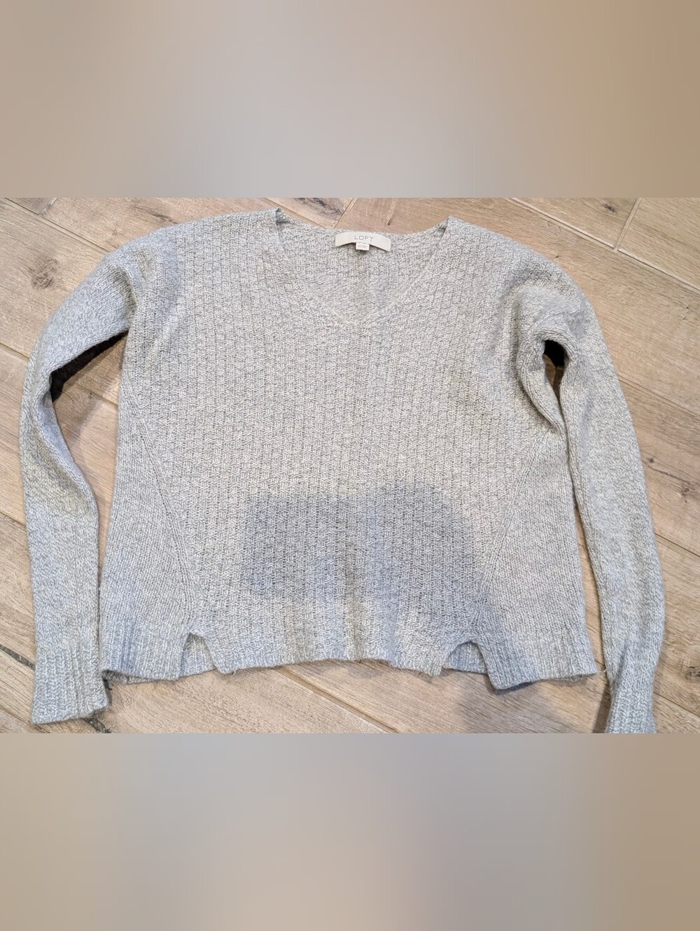 LOFT Heather Gray V-Neck Cable Sweater